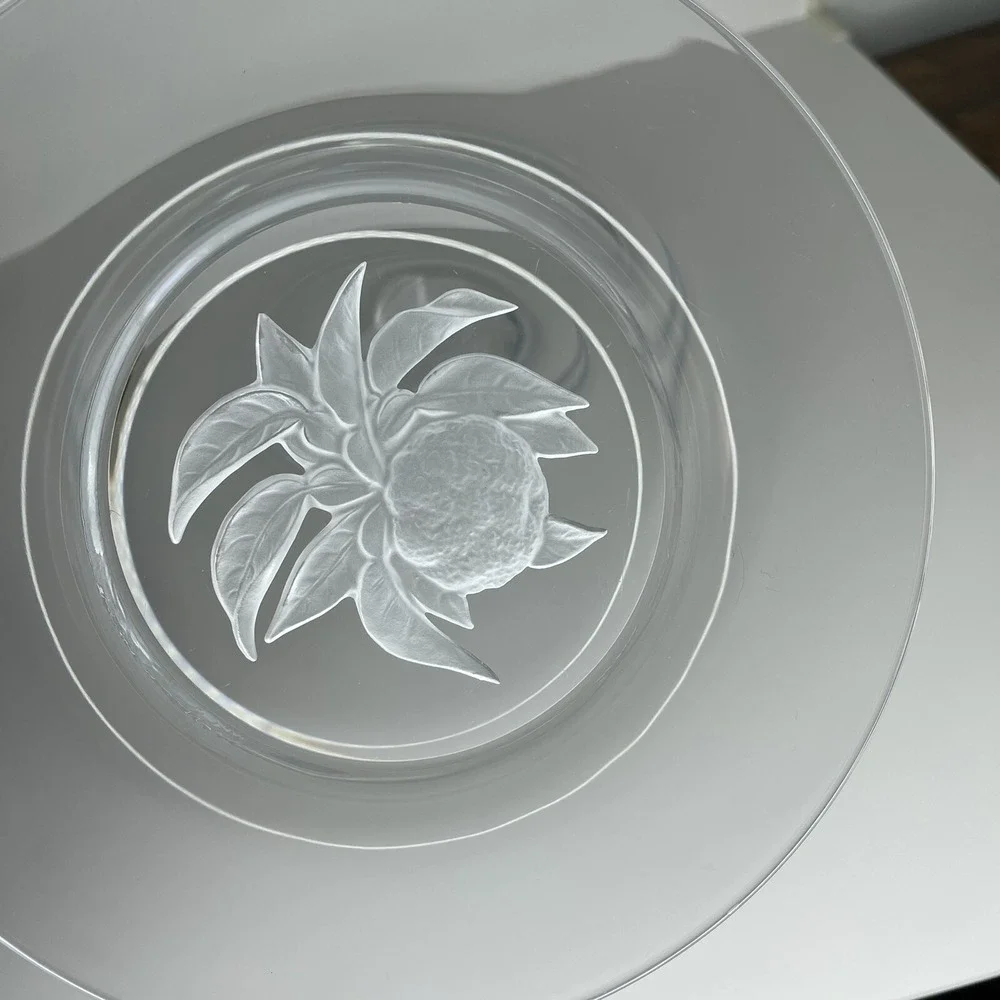 (3) Clear Glass w/ Reverse Frosted Etched‎ Engraved Center Salad Plates 7-3/4